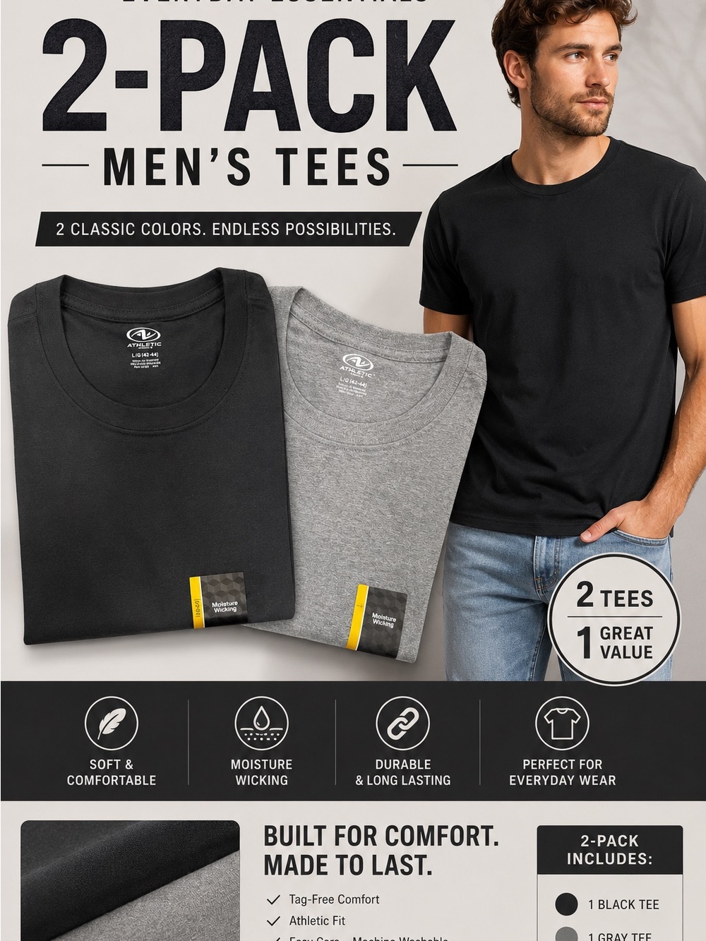 Athletic Works 2-Pack Short Sleeve Tees - Black & Gray